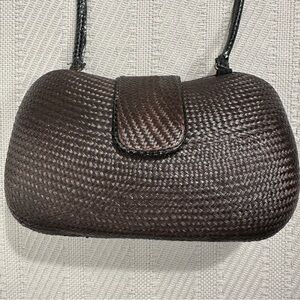 Vintage brown rattan clamshell bag, interior zip pocket, retro, 80s